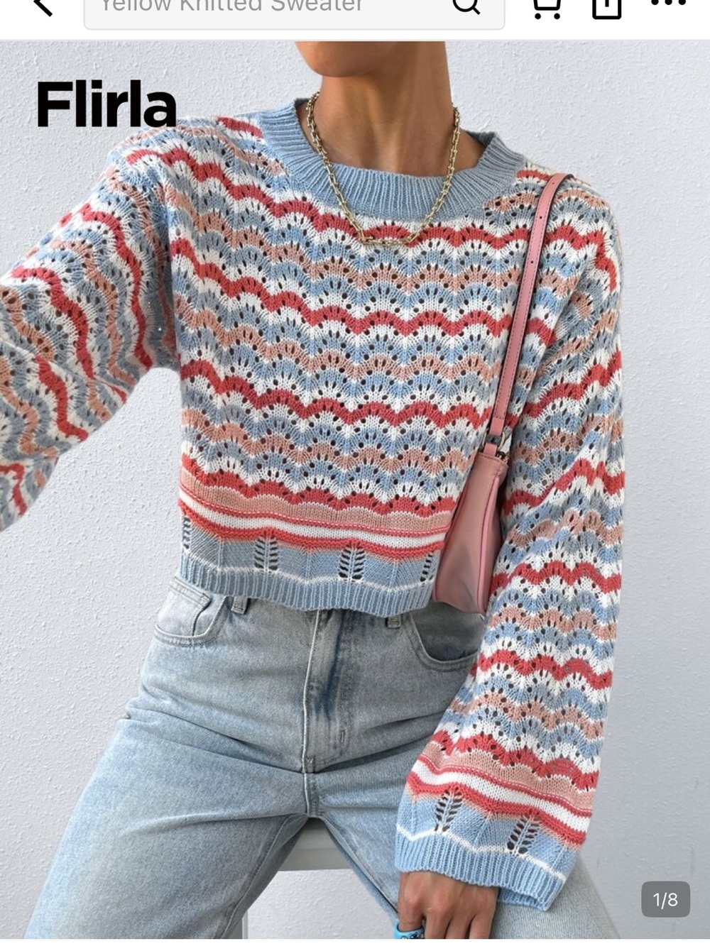 SHEIN Light Blue, Coral & White Wave Knit Cropped Sweater size xs